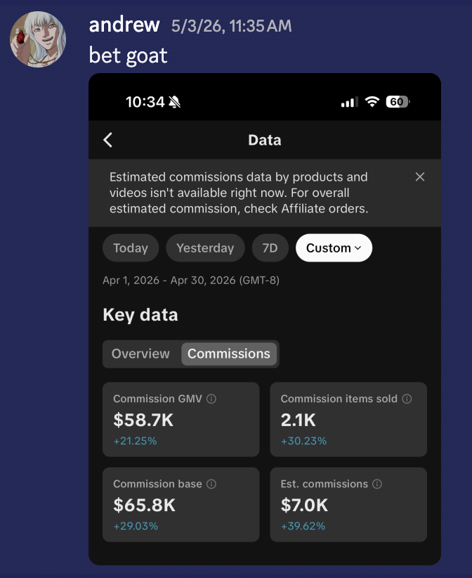 Andrew showing roughly $7,000 in monthly TikTok Shop estimated commissions