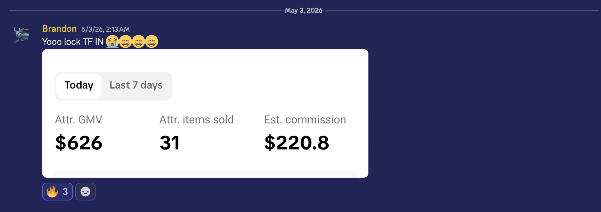 Brandon showing $220.8 estimated commission in a single day